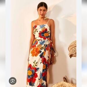 Farm Rio  Pineapple Floral Midi Dress in Cream with Red & Blue Print Size XL